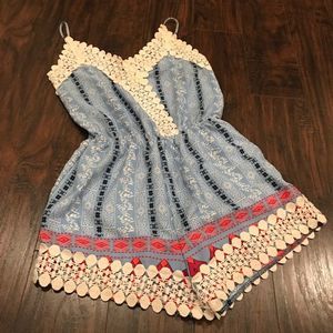 Peach love blue romper with crochet lace trim